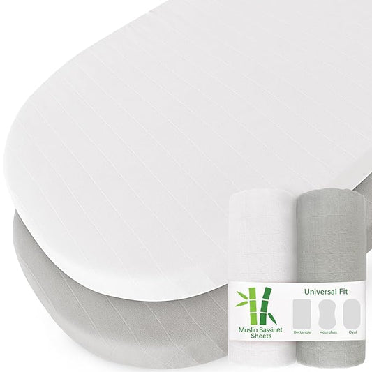 Muslin Bassinet Sheets for Boys and Girls 2 Pack, Ultra Soft Muslin Fitted Baby Bassinet Sheet for Standard Bassinet Mattress(16''×32''/17"x32"/20''x33''), Grey & White