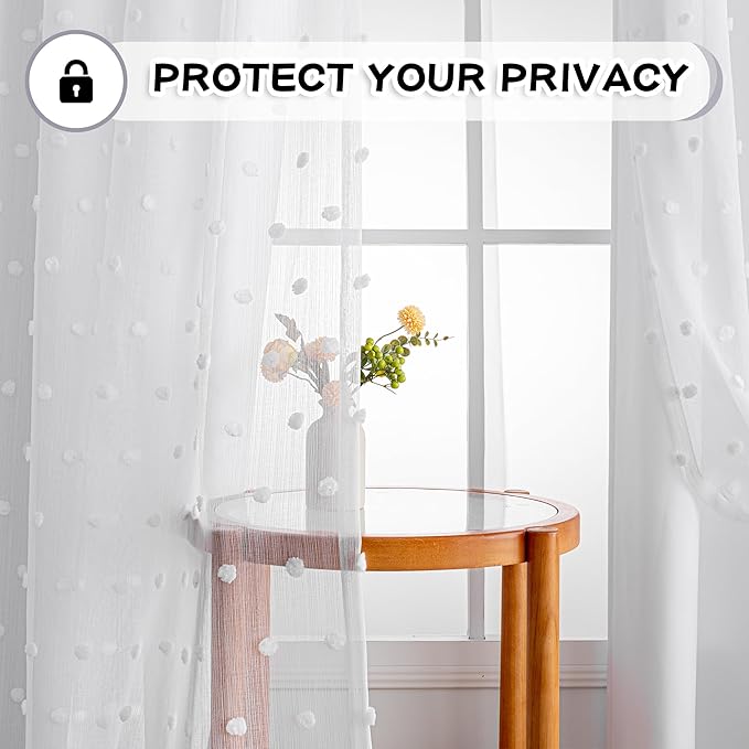 MYSKY HOME Long Curtains for Sliding Glass Door 95 Inch Length White Pom Pom Sheer Curtain Panels for Living Room Double Layer Light Filtering Window Drapes for Girls Kids, White, 52" Wide, Set of 2
