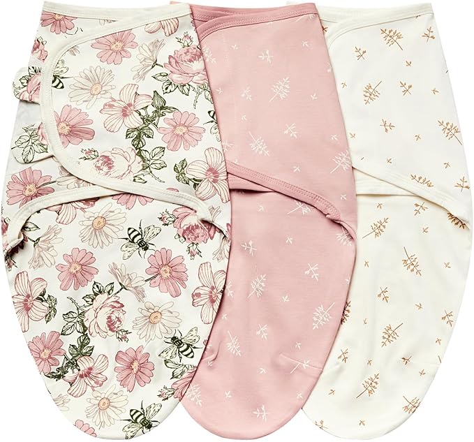 insular Baby Swaddle Wrap, Swaddle Blanket for Newborn and Infant, Adjustable Swaddling Set for Boy and Girl, Soft Cotton Baby Sleep Sack 3 Pack, Floral, Medium(3-6 Month)