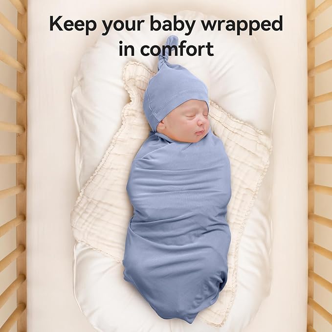 Rayon Made from Bamboo Newborn Swaddle Blanket Set with Matching Beanie, Super Soft Stretchy Baby Clothes Outfit for Girl Boy, Receiving Blankets Newborn Essentials, 47 x 47 Inch