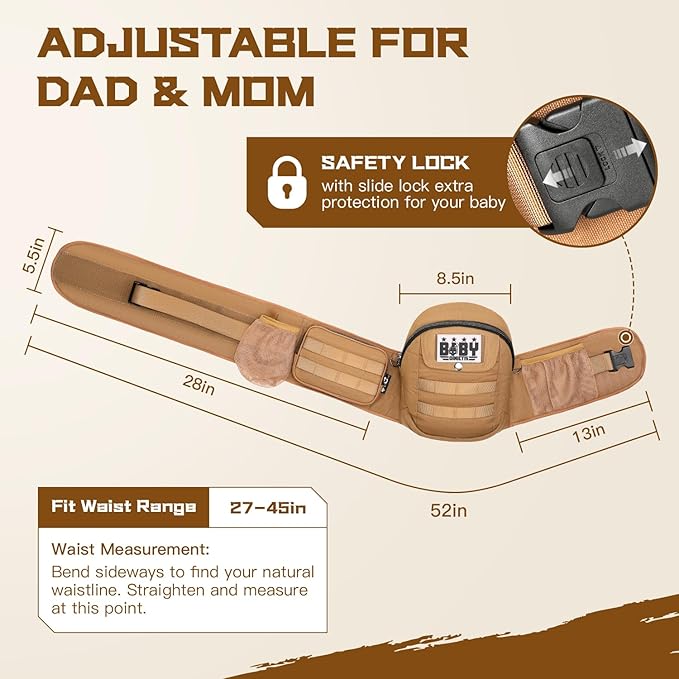 Dinictis Baby Hip Carrier, Ergonomic Waist Carrier with Hip Seat for Newborn to Toddler (Up to 45 lbs), Adjustable Wide Waistband, Molle Webbing & Multiple Pockets, Coyote Brown