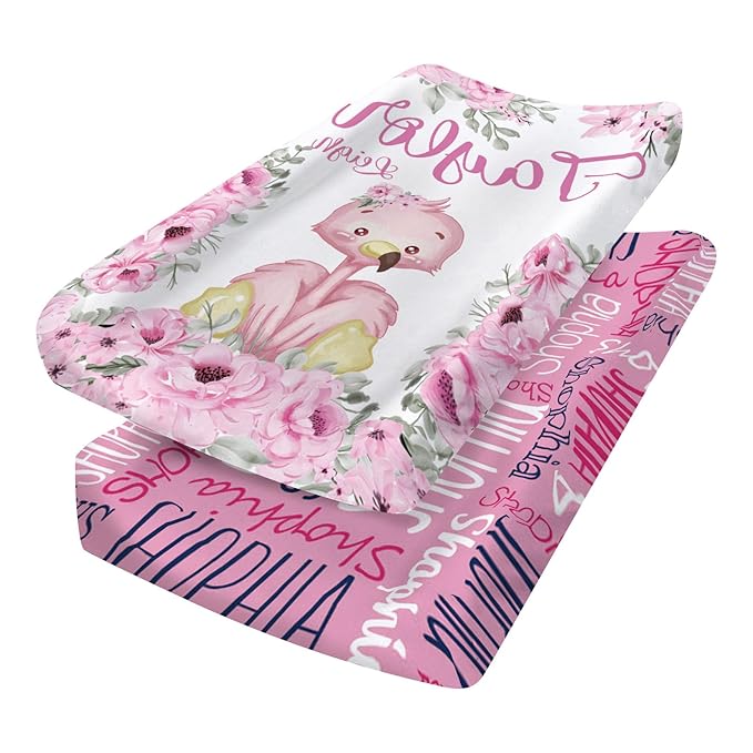 Custom Changing Pad Cover Set - Jersey Knit Ultra Soft Unisex Waterproof Diaper Changing Table Covers with Personalized Name for Baby Boys Girls - Comfy Cozy 2 Pcs Set Style18
