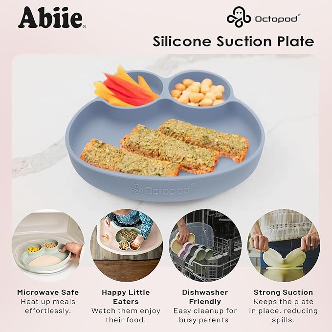 Abiie Octopod Frog Silicone Plates with Suction - Spill Proof, Easy to Clean - BPA-Free Bowl - Suction Plates for Baby and Toddler - Training & Feeding Divided Grip Dish (Sage Green)