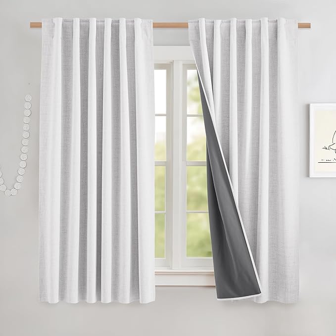 NICETOWN Short 100% Blackout Curtains 63" Long, Burlap Linen Drapes with Thermal Insulated Grey Liner, Keeping Out Cold Air and Heat Panels for Kitchen, Cafe Bar (Set of 2, 52" Width, Greyish White)