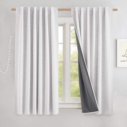 NICETOWN Short 100% Blackout Curtains 63" Long, Burlap Linen Drapes with Thermal Insulated Grey Liner, Keeping Out Cold Air and Heat Panels for Kitchen, Cafe Bar (Set of 2, 52" Width, Greyish White)