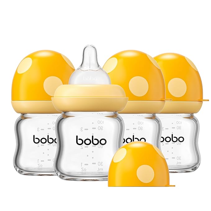 YOHKOH Natural Glass Baby Bottle with Level 1 Slow Flow Nipple, Newborn Anti-Colic Baby Bottles, Wide Neck Mushroom Baby Glass Bottle (Yellow-A, 3.4oz (Pack of 4))