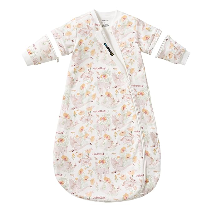 Baby Sleep Sack 6–12 Months, Cotton Sleep Sack with Detachable Long Sleeves, 1.0 TOG Wearable Blanket for Cooler Nights, 2-Way Zipper Toddler Sleeping Sack with Temperature Strip, Floral