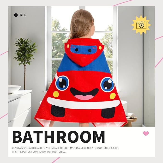 OLAOLA Car Hooded Towel for Kids 3-12 Years, 28" x 53" Soft Thick Absorbent Beach Towels, Toddler Bath Towel Wrap Swim Pool Towels Poncho for Boys Girls