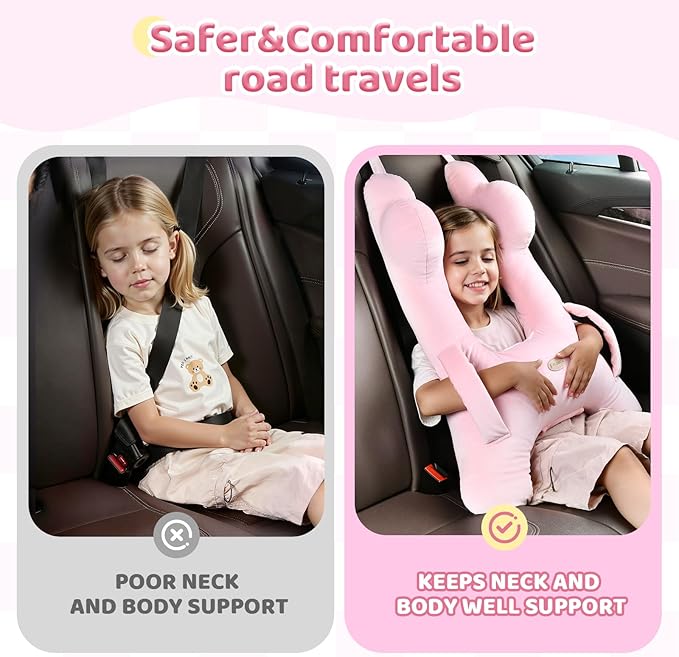 FLORICH Kids Travel Pillow, Car Sleeping Travel Pillow for Kids, Washable H-Shaped Pillow for Adults and Children to Support Head and Body for Road Trips Pillow for Car (Pink)