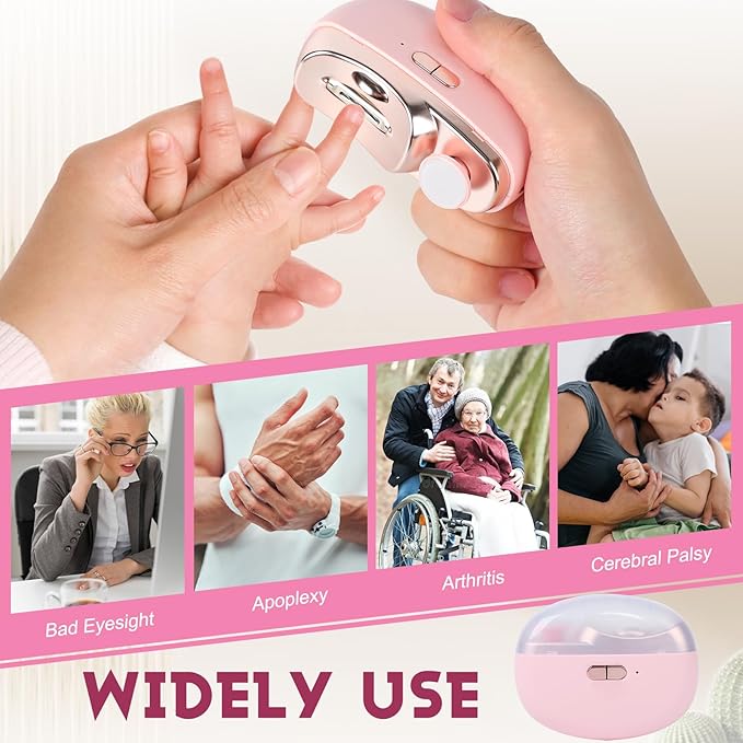 Automatic Nail Clipper Electric Nail Trimmer Polisher 3 in 1 Portable Fingernail Cutter with Light 2 Speeds File Nail Clip Storage Rechargeable Safety Trimmer for Seniors Adults Kids Baby (Pink)