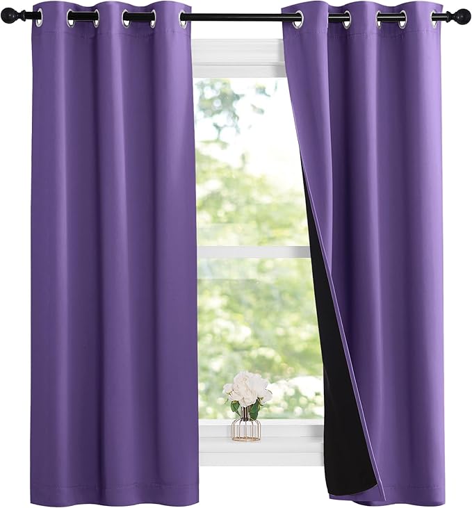 NICETOWN 100% Blackout Short Curtains with Black Liners, Solid Thermal Insulated Full Blackout 2-Layer Lined Drapes, Energy Efficiency Window Drapes for Bedroom (2 Panels, 37"W by 63"L, Lilac Purple)