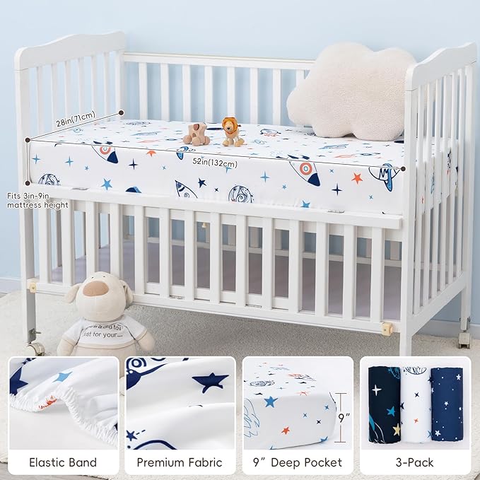 david's kids 3 Pack Fitted Crib Sheets, Ultra Soft Breathable Comfortable Baby Sheet Set for Boys Girls Neutral, 28x52 Inch Fits Standard Crib and Toddler Mattresses, Space