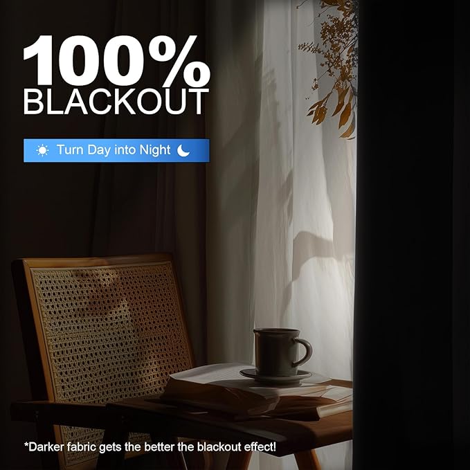 Linen 100% Blackout Curtains for Bedroom, Black Out Curtains 96 Inch Long, Room Darkening Curtains for Living Room, Long Curtain Grommets Drapes, Thermal Curtains (2 Panels, Natural)
