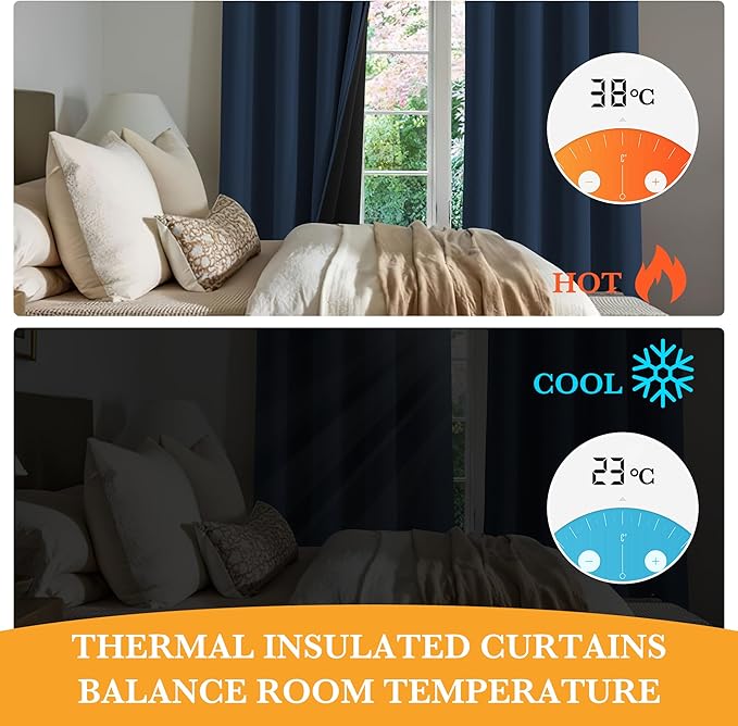 RYB HOME 100% Blackout Curtains 63 inches Length, Thermal Insulated Total Room Darkening Noise Reducing Curtains for Bedroom Dorm Sleep, 52 inches Wide by 63 inches Long, Navy Blue