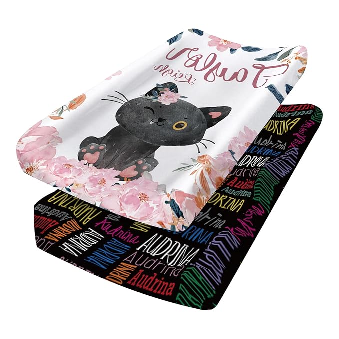 Custom Changing Pad Cover Set - Jersey Knit Ultra Soft Unisex Waterproof Diaper Changing Table Covers with Personalized Name for Baby Boys Girls - Comfy Cozy 2 Pcs Set Style23