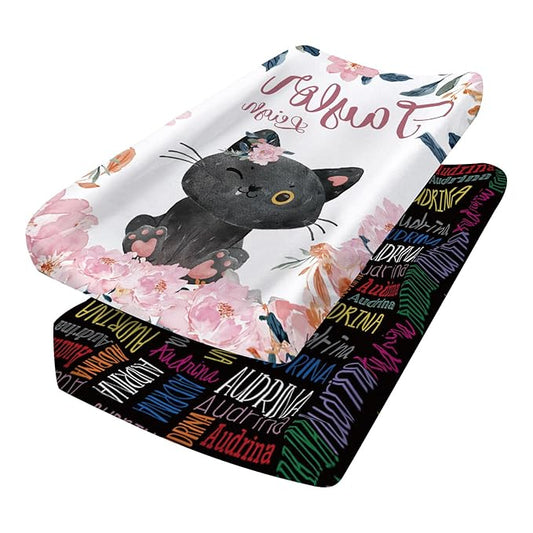 Custom Changing Pad Cover Set - Jersey Knit Ultra Soft Unisex Waterproof Diaper Changing Table Covers with Personalized Name for Baby Boys Girls - Comfy Cozy 2 Pcs Set Style23