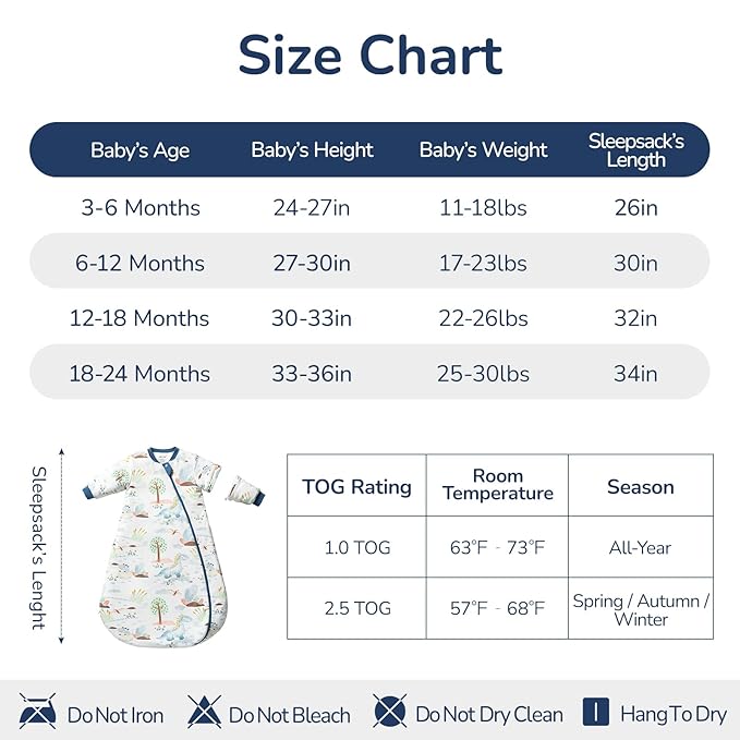 Baby Sleep Sack 6–12 Months, 2.5 TOG Warm Cotton Sleep Sack with Detachable Long Sleeves, Winter Wearable Blanket for Cold Nights, 2-Way Zipper Toddler Sleeping Sack, Dinosaur