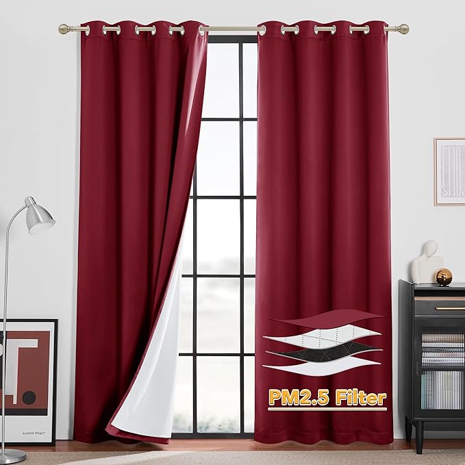 RYB HOME Soundproof & Dust Particle Filtering Curtains Blackout Window Treatment for Bedroom Living Room Divider Nursery Daytime Sleeping Patio Door, Burgundy Red, W52 x L 102 inch, 2 Panels