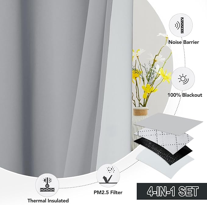 RYB HOME Dustproof Curtains for Large Window, Soundproof Thermal Insulated Blackout Curtains for Sliding Glass Door Furance Office Dorm Bedroom Living Room, Silver Grey, W62 x L84 inch, 2 Panels