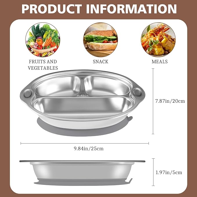 Mrs. Chou Stainless Steel Baby Suction Plates: Divided Plates for Babies and Toddlers, Made of 100% Food-Grade Materials Ideal for Baby-Led Weaning BPA-Free Toddler Feeding Dishwasher Safe Gray