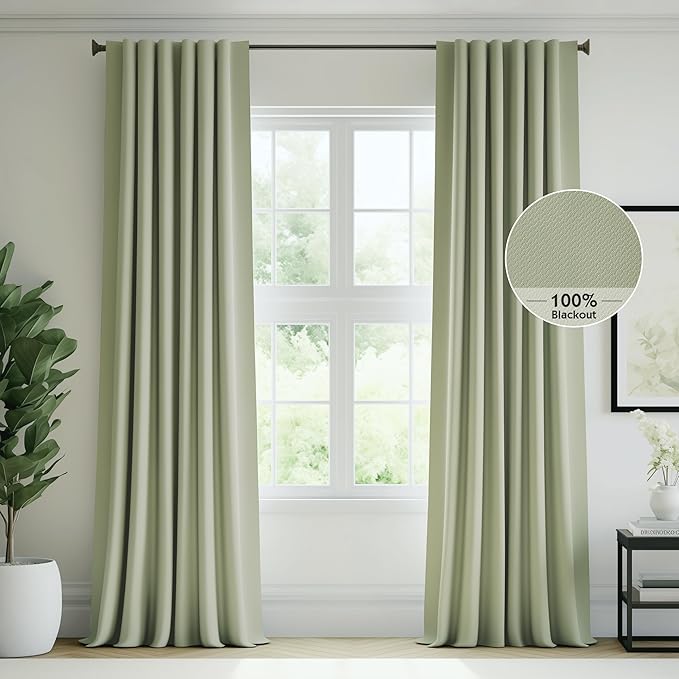 FMFUNCTEX 100% Blackout Curtains for Bedroom, Sage Green Back Tab Curtain 63 Inch Length Drapery Thermal Insulated Curtains for Living Room, Black Out Drapes Rod Pocket Room Darkening 2 Panels