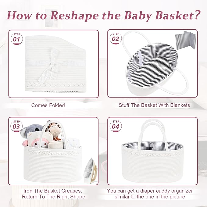 19L Baby Diaper Caddy Organizer, 16.8"x9.8"x9" Cotton Rope Diaper Basket, Changing Table Storage Caddy With Removable Divider, Baby Basket for Nursery, Car, Diapers, Baby Shower Gifts for Newborn