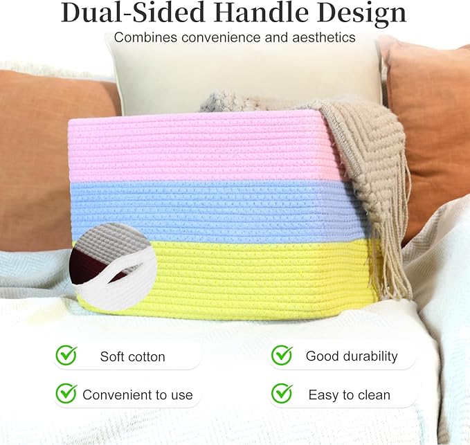 Hopegiver Rainbow Cotton Rope Storage Baskets Set of 3 for Kids Baby, Colorful Storage Bins for Toys, Woven Organizer Baskets Room Decor for Nursery & Playroom(Pink&Blue&Yellow, 15x11x10 IN)