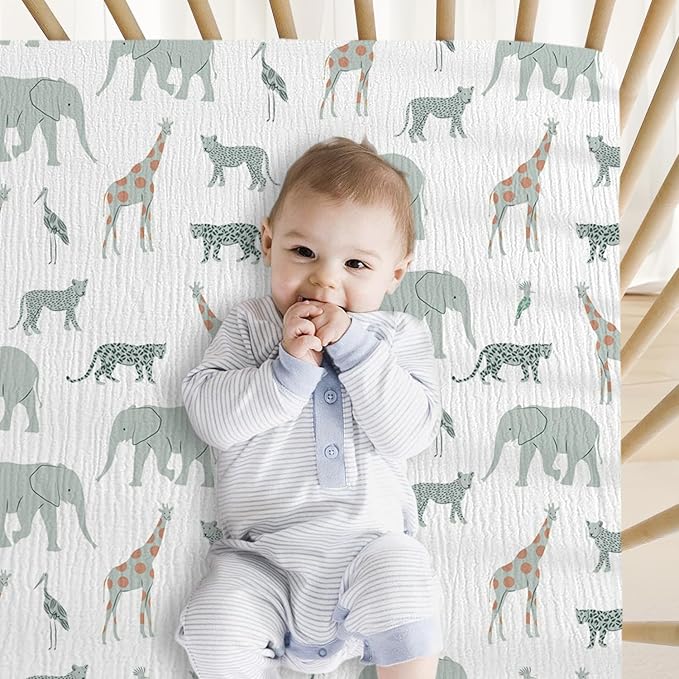 Little Grape Land Muslin Crib Sheets Fitted for Boys and Girls 2 Pack, 100% Cotton Baby Bed Sheets Soft Breathable, Neutral Fitted Baby Mattress Sheets for Standard Crib 52x28, Safari