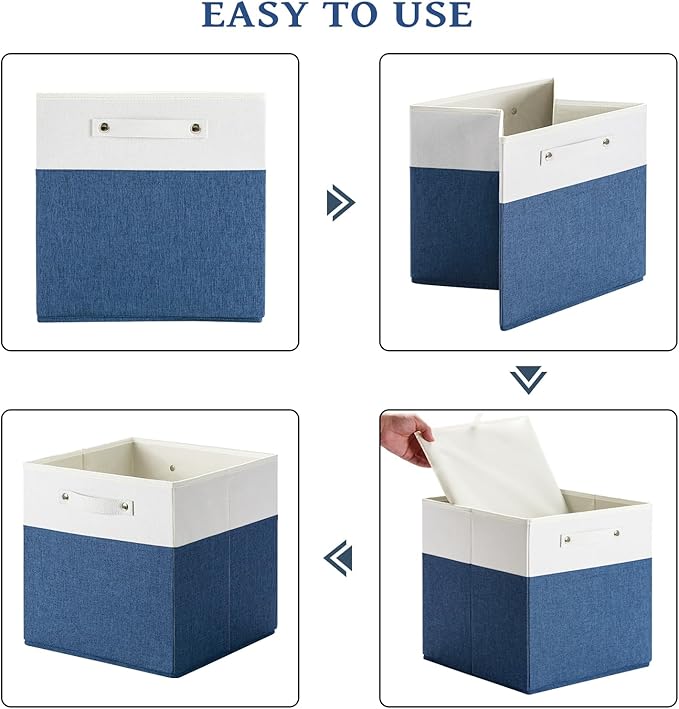 13 x 13 Inch Fine Linen Storage Bins with Handles，Fabric Cube Boxs，Basket Organizers for Shelves for Home, Closet Drawers (White/Blue-6 Pack)