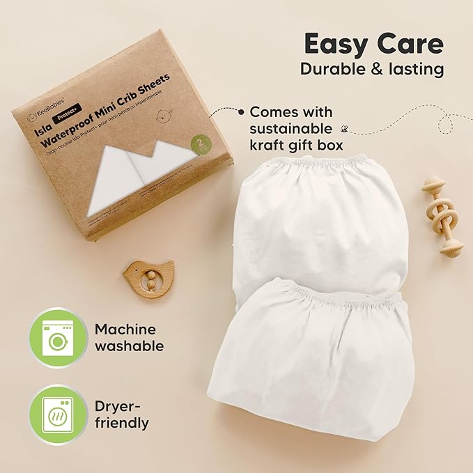2-Pack Waterproof Pack and Play Sheets, Mini Crib Sheets Fitted for Boy, Girl - 38 x 26 Viscose From Bamboo Pack N Play Mattress Sheets for Graco, Toddler Playard Baby Crib Sheets Neutral (Soft White)