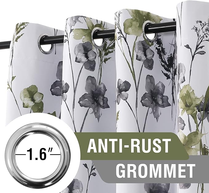 H.VERSAILTEX 100% Blackout Curtains 108 inch Length 2 Panels Set Cattleya Floral Printed Drapes Leah Floral Thermal Curtains for Bedroom with Black Liner Sound Proof Curtains, Grey and Olive