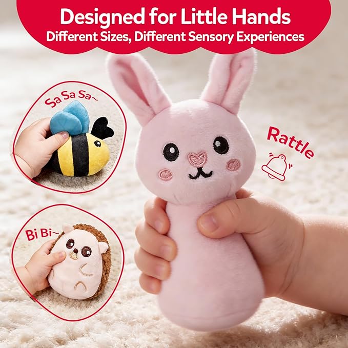 Baby Toys 6-12 Months - Soft Plush Jungle Stuffed Animal Sensory Set with Rattle, Squeaker & Mirror, Montessori Cause & Effect Toys, Newborn Gift for Baby Boys and Girls