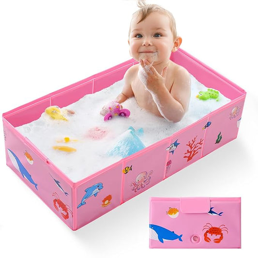 Portable Foldable Baby Bathtub with Drain Plug, 30" L x 15.2" W x 8.6" H Kids Travel Tub, Converts Shower to Tub, No Assembly Folds Flat for Storage, for Infant Toddler 6M-5 Years, Pink