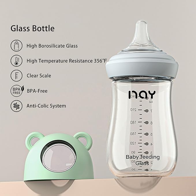 yanyoyo Natural Glass Baby Bottle for Breastfeeding Babies, 8oz Anti-Colic Baby Bottle with Natural Response Nipple(M), Clear, Wide Neck, 2 Pack, 3 Months+