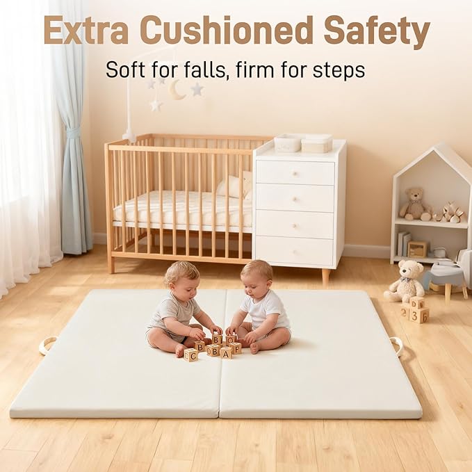 Baby Play Mat for Floor 1.4" Thick Memory Foam 50x50 Playpen Mat for Toddlers Infant Kids with Non-Slip Backing Safe for Crawling, Water-Repellent Leather for Tummy Time, Tatami Style(Grey)