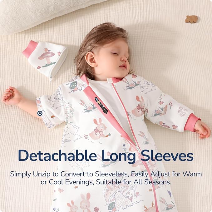 Baby Sleep Sack 18–24 Months, Cotton Sleep Sack with Detachable Long Sleeves, 1.0 TOG Wearable Blanket for Cooler Nights, 2-Way Zipper Toddler Sleeping Sack with Temperature Strip, Bunny