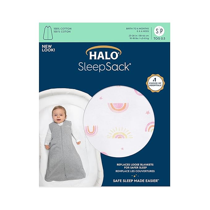 HALO SleepSack, 100% Cotton Wearable Blanket, Swaddle Transition Sleeping Bag, TOG 0.5, Sunshine Rainbows, Small, 0-6 Months