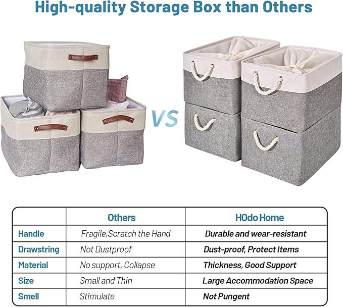 HOdo Home Fabric Storage Bin with Drawstring Closure and 2 Bold Handles, Collapsible Large Canvas Storage Baskets for Organizing Shelf Nursery Home Closet (White&Grey, 15.8L×11.8W×9.5H - 4Pack)