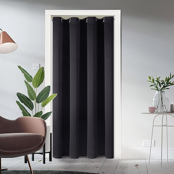 ChrisDowa Blackout Door Curtains for Doorway Privacy, Grommet Closet Curtains for Bedroom Closet Door, Thermal Insulated Temporary Doorway Cover Room Divider Drapes (1 Panel, Black, 52 x 80 Inch)