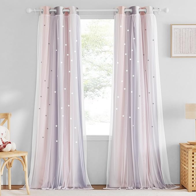 NICETOWN 2 Panels Stars Blackout Curtains for Bedroom Girls Kids Baby Window Decoration Double Layer Star Cut Out Aesthetic Living Room Decor Wall Home Curtain, W34 x L84 Inches, Pink & Grey