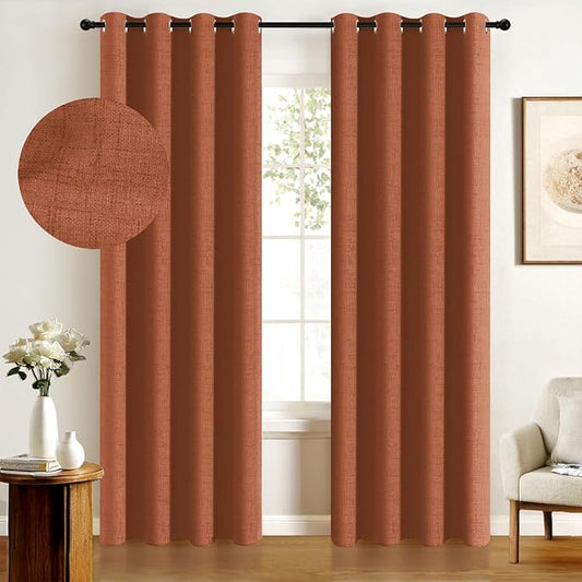 100% Blackout Shield Linen Blackout Curtains for Bedroom, Orange Grommet Curtains for Living Room, Thermal Insulated Room Darkening Drapes for Nursery, Boho Home Decor, 50" W x 90" L, 2 Panels