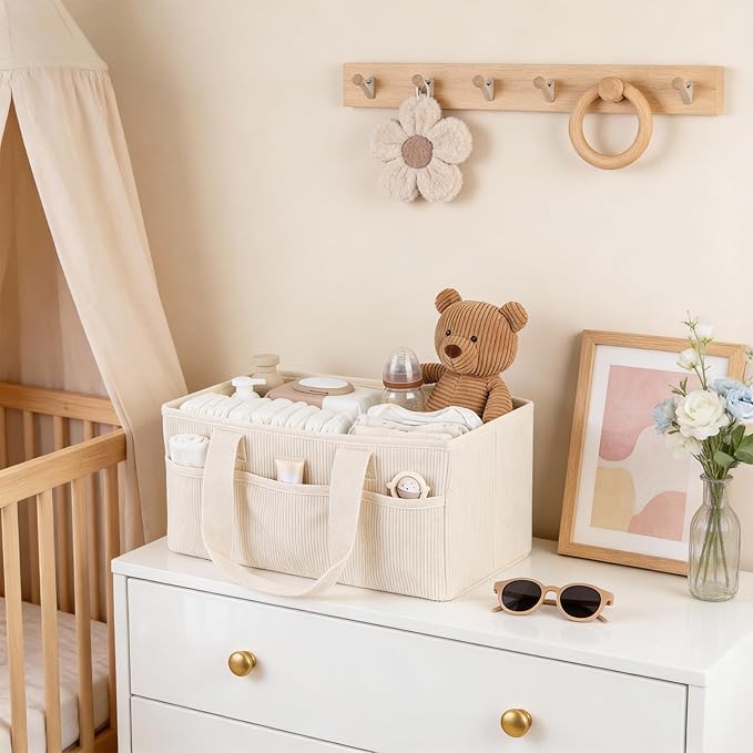 Baby Diaper Caddy Organizer with Portable Changing Mat-Portable Baby Organizers and Storage, Gift for Baby Shower, Corduroy Baby Essentials Organizer with Removable Dividers (Corduroy)