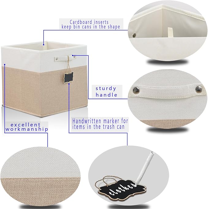 storage cubes 11x11x11Set of 4,Foldable Fabric Storage Cubes with Labels,Linen Cube Storage Organizer Bins Kallax Storage Cubes for Organizing Shelves Cabinet(White Khaki).