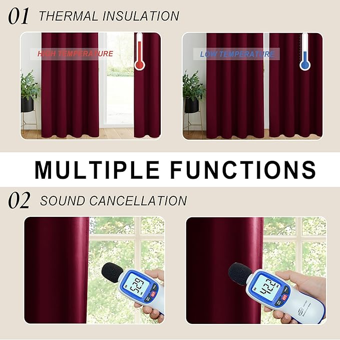 XWZO Full Shading Blackout Curtains 63 Inches Length - Heat and Light Blocking Rod Pocket & Back Tab Window Drapes with Black Liner Backing for Bedroom with Tiebacks, Burgundy, W52 x L63, Set of 2