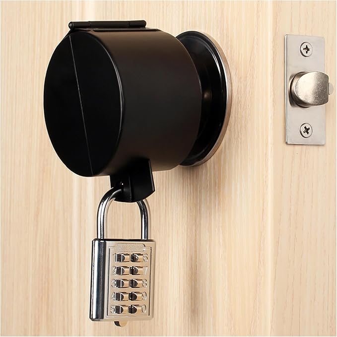 Round Door Handle Locking Device, Door Handle Lock Cover, (with Combination Padlock) Blocks Keyhole Entry and Disables Handle, Doubles as Outdoor Faucet Lock (Black)