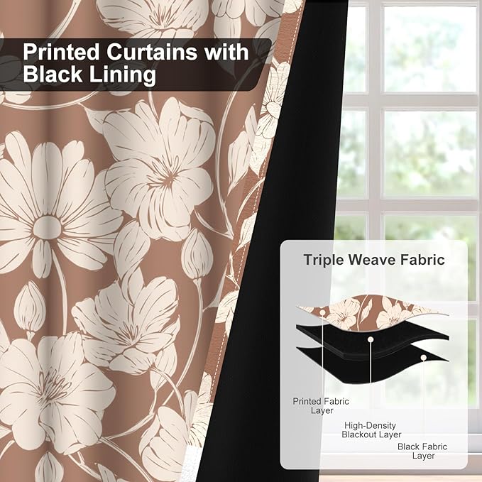 Floral Blackout Curtains for Bedroom and Living Room, Patterned Vintage Brown Bedroom Curtains 84 Inch Length 2 Panels Set, Grommet Thermal Room Darkening Drapes Soundproof and Maintain Privacy