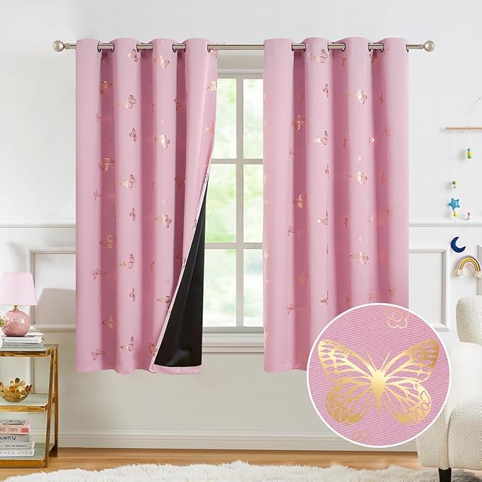 Jubilantex Butterfly Print Blackout Curtains Thermal Insulated Window Treatments for Bedroom Kids Bedroom Nursery Elegant Luxurious Room Darkening Draps Grommet Top，Pink 52" Wx63 Lx2