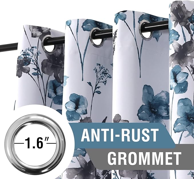 H.VERSAILTEX 100% Blackout Curtains 63 inch Length 2 Panels Set Cattleya Floral Printed Drapes Leah Floral Thermal Curtains for Bedroom with Black Liner Sound Proof Curtains, Grey and Blue