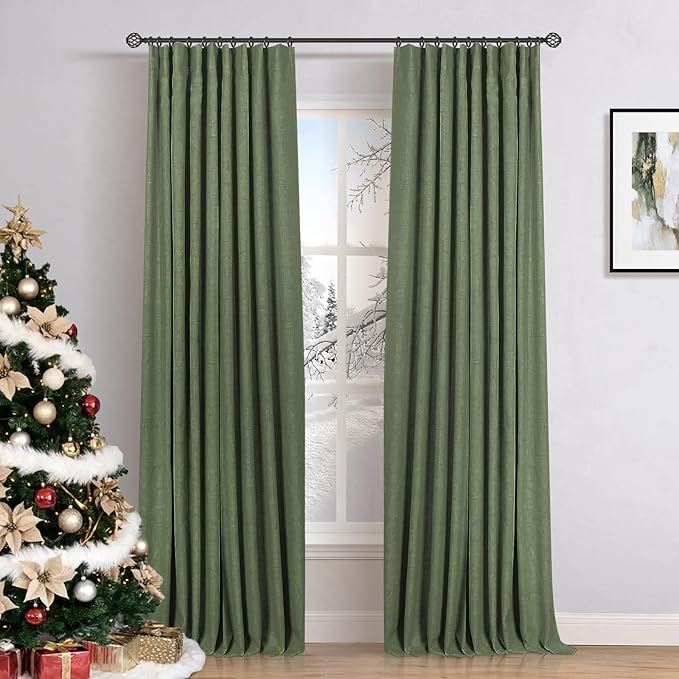 INOVADAY 100% Blackout Curtains for Bedroom, Black Out Curtains 96 Inch Long, Clip Rings Linen Blackout Drapes, Thermal Insulated Room Darkening for Living Room, 2 Panels - Moss Green,W50xL96