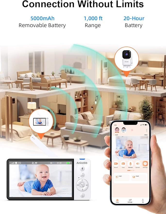 2-Camera Smart Baby Monitor with App and 5" Display, Dual Connectivity (No WiFi FHSS & WiFi), 1080P HD Remote Pan-Tilt-Zoom with Motion Tracking, 36H Battery, White Noise, Cry & Temp Alerts